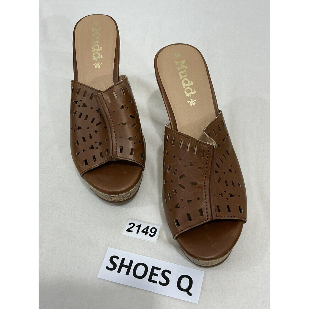 Womans Mudd Brown Slip On Perforated Faux Leather Cork Wedge Sandal 8.5 M